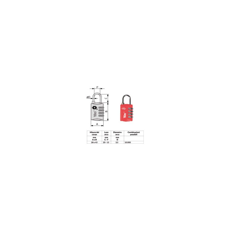 LUCCHETTO ZAMA mm 28 COMBINAZIONE TSA 424.7 VIRO
